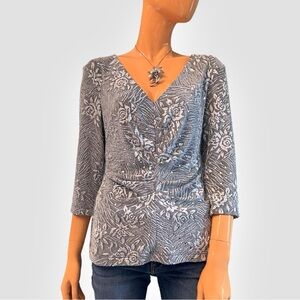 CONNECTED APPAREL 90s Metallic Sparkly V Neck Floral Print Top